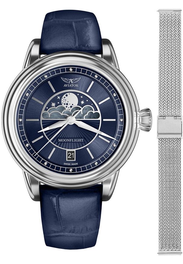 AVIATOR - Zegarek damski Aviator V.1.33.0.255.4-SET srebrny. Kolor: srebrny