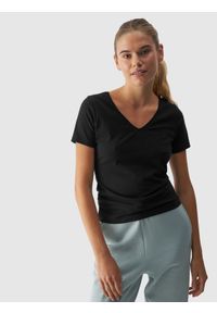 4f - 4F T-shirt slim gładki damski - czarny XL. Okazja: na co dzień. Typ kołnierza: dekolt w serek. Kolor: czarny. Materiał: skóra, jersey, elastan, dzianina, bawełna, materiał. Długość rękawa: krótki rękaw. Długość: krótkie. Wzór: gładki. Styl: sportowy, klasyczny, casual