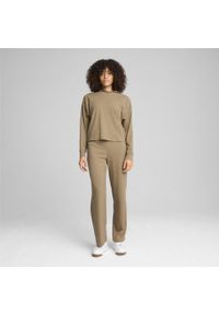 Puma - Damskie spodnie ESS ELEVATED z prostymi nogawkami PUMA Oak Branch Beige. Kolor: beżowy. Wzór: haft