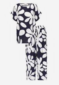 Born2be - Niebieski Komplet z Wiskozy Bluzka z Falbankami i Szerokie Spodnie w Liście Thalla. Kolor: niebieski. Materiał: wiskoza #8