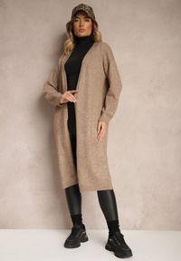 Renee - Beżowy Niezapinany Casualowy Kardigan z Wełną o Długim Kroju Zozita. Okazja: na co dzień. Kolor: beżowy. Materiał: wełna. Długość: długie. Styl: casual