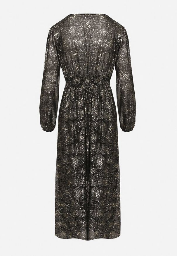 Born2be - Czarna Sukienka o Rozkloszowanym Kroju z Gumką w Talii Zdobiona Metalicznym Nadrukiem Venalenne. Typ kołnierza: dekolt w kształcie V. Kolor: czarny. Materiał: skóra. Wzór: aplikacja, nadruk. Typ sukienki: rozkloszowane. Styl: elegancki