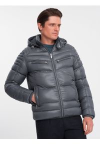 Ombre Clothing - Mocno ocieplona pikowana męska kurtka z odpinanym kapturem – grafitowa V3 OM-JAHP-22FW-010 - XXL. Typ kołnierza: kołnierzyk stójkowy. Kolor: szary. Materiał: skóra, syntetyk, poliester, materiał. Długość: krótkie. Wzór: gładki, aplikacja. Sezon: zima. Styl: sportowy