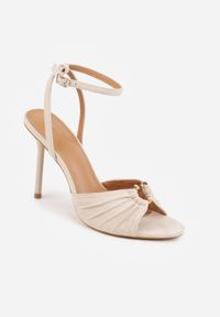 Renee - Beżowe Sandały VICES na Szpilce Zdobione Marszczeniem i Aplikacją Synalirea. Zapięcie: pasek. Kolor: beżowy. Wzór: aplikacja. Obcas: na szpilce. Styl: klasyczny, elegancki #3