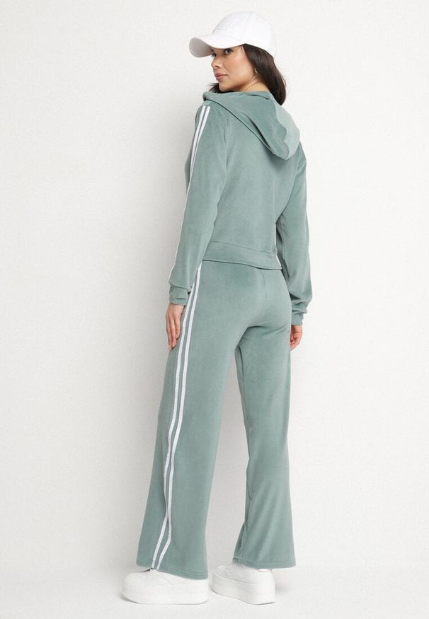 Born2be - Miętowy Komplet Dresowy Rozpinana Bluza z Kapturem i Spodnie o Szerokim Kroju Usivisa. Kolor: zielony. Materiał: dresówka. Sport: turystyka piesza