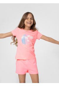4f - T-shirt z nadrukiem dziewczęcy. Kolor: różowy. Materiał: bawełna, dzianina. Wzór: nadruk