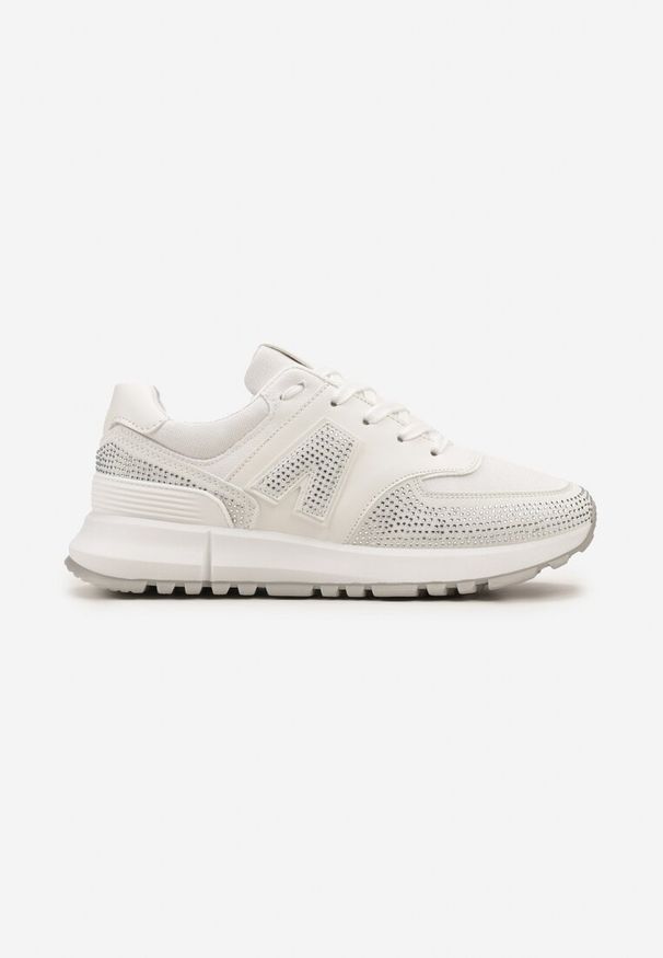 Renee - Białe Sneakersy Ozdobione Cyrkoniami na Podeszwie z Wycięciami Larzive. Kolor: biały. Wzór: aplikacja. Obcas: na płaskiej podeszwie