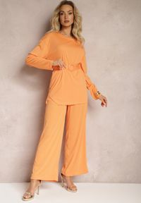 Renee - Pomarańczowy Komplet Bluzka i Spodnie z Prostymi Nogawkami i Gumką Daeirassa. Kolor: pomarańczowy #4
