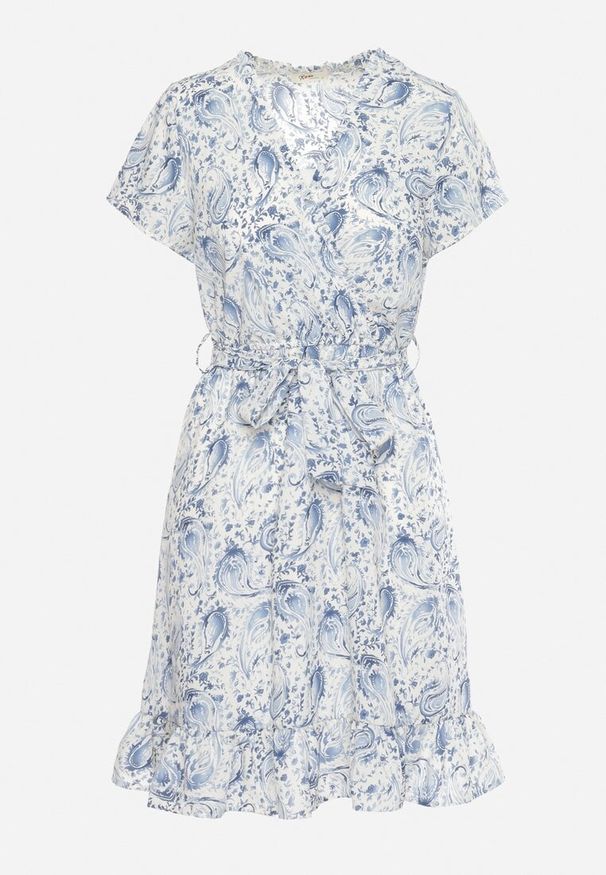 Born2be - Niebieska Krótka Sukienka z Paskiem i Gumką w Pasie i Kopertowym Dekoltem Starice. Kolor: niebieski. Długość rękawa: krótki rękaw. Typ sukienki: kopertowe. Styl: elegancki. Długość: mini