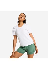 Decathlon - Koszulka fitness damska dekolt V. Typ kołnierza: dekolt w kształcie V. Kolor: biały. Materiał: poliester, bawełna, materiał. Sport: fitness #1