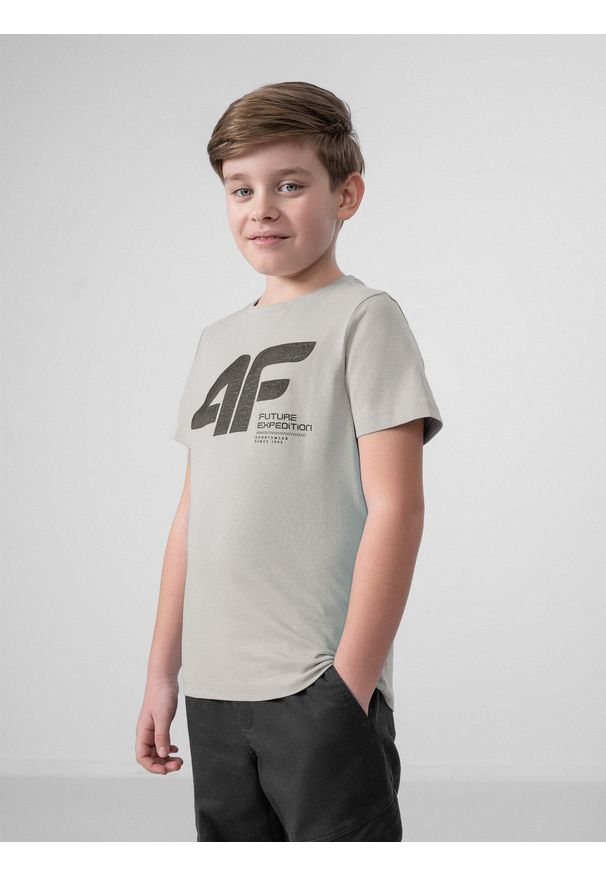 4f - T-shirt z nadrukiem chłopięcy. Kolor: szary. Materiał: dzianina, bawełna. Wzór: nadruk