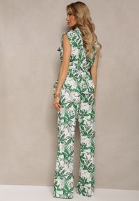 Renee - Zielono-Biały Komplet Szerokie Spodnie High Waist na Guziki z Paskiem Podkreślającym Talię Jinelia. Kolor: zielony. Materiał: tkanina #3