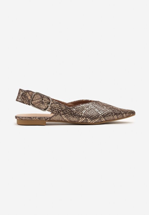 Renee - Szampańskie Sandały Vices Typu Slingback z Wkładką ze Skóry Naturalnej Rallora. Okazja: na co dzień, na spacer. Zapięcie: sprzączka. Kolor: złoty. Materiał: skóra. Wzór: nadruk. Obcas: na obcasie. Styl: elegancki, casual. Wysokość obcasa: średni
