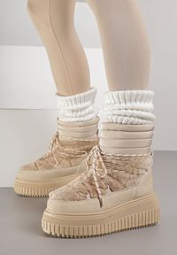 Born2be - Ciemnobeżowe Pikowane Śniegowce na Grubej Tłoczonej Podeszwie z Futerkiem Adarlia. Okazja: na co dzień. Kolor: beżowy. Materiał: futro. Styl: casual #6