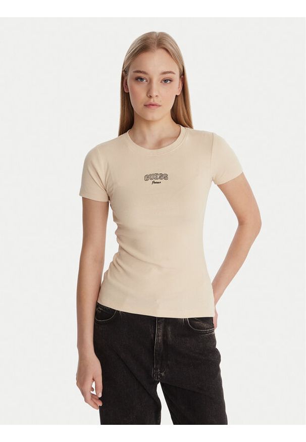 Guess Jeans T-Shirt W6RP21 KA0H1 Beżowy Slim Fit. Kolor: beżowy. Materiał: bawełna