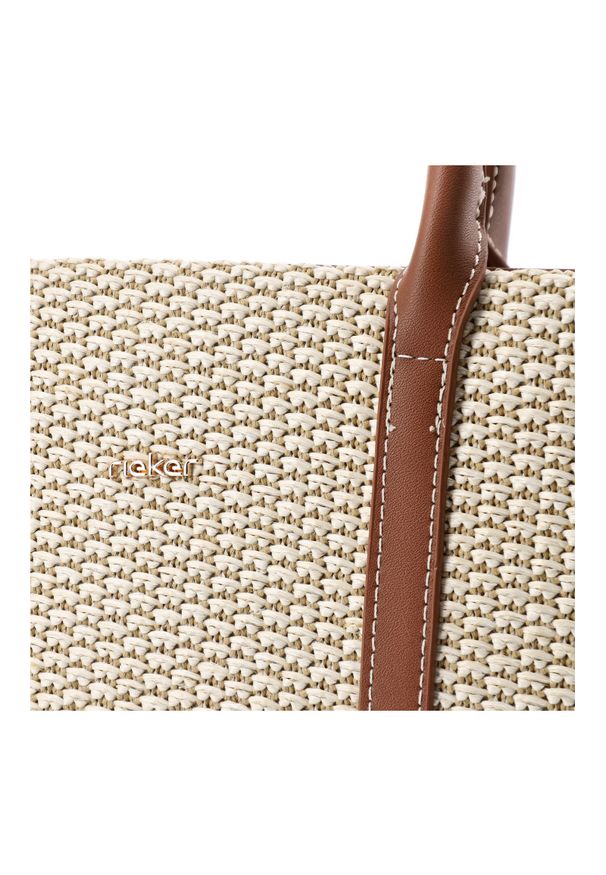 Torebka damska Rieker, torebka z plecionego materiału tekstylnego z elementami skóry naturalnej o prostej sztywnej formie z wygodnymi uchwytami i dod. Kolor: brązowy. Sezon: wiosna, lato. Materiał: skórzane. Styl: casual, elegancki. Rodzaj torebki: na ramię