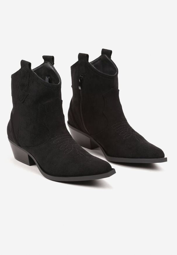 Born2be - Czarne Botki Kowbojki na Obcasie na Suwak Evitha. Kolor: czarny. Materiał: jeans. Obcas: na obcasie. Styl: klasyczny, elegancki. Wysokość obcasa: średni
