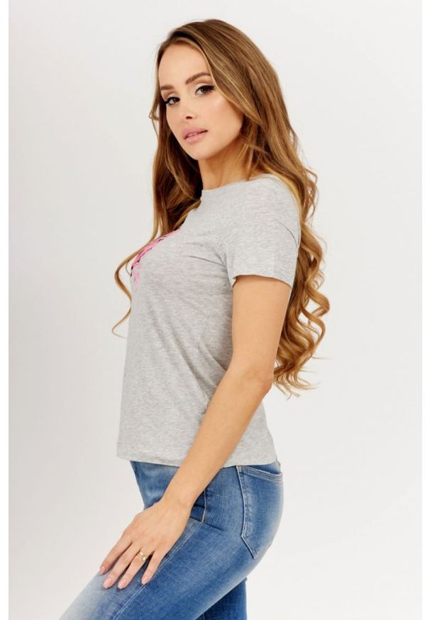 Guess - GUESS Szary t-shirt damski iconic, Rozmiar XS. Kolor: szary. Materiał: bawełna. Wzór: aplikacja