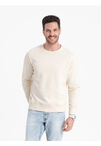 Ombre Clothing - Bluza męska dresowa BASIC z okrągłym dekoltem - kremowa V11. Kolor: kremowy. Materiał: dresówka