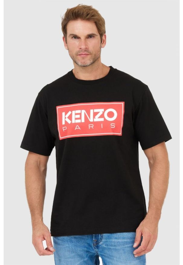 Kenzo - KENZO Czarny t-shirt męski z czerwonym nadrukiem, Rozmiar S. Kolor: czarny. Wzór: nadruk