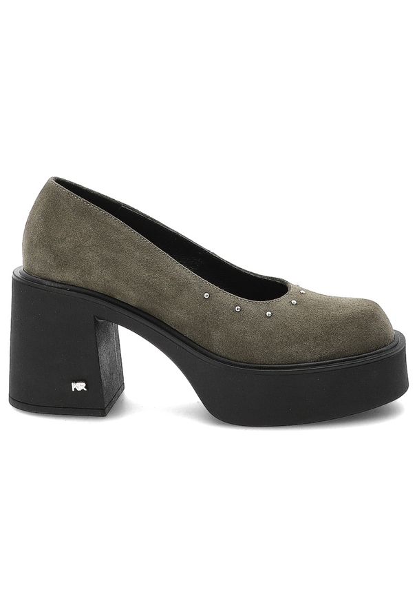 Zielone Półbuty Karino Eleganckie Obuwie Damskie. Okazja: na co dzień. Kolor: zielony. Materiał: welur. Szerokość cholewki: normalna. Wzór: aplikacja. Obcas: na obcasie. Styl: elegancki. Wysokość obcasa: średni
