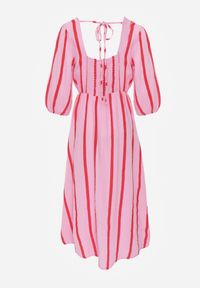 Renee - Różowo-Pomarańczowa Bawełniana Sukienka w Paski o Rozkloszowanym Kroju Legelia. Kolor: różowy. Materiał: bawełna. Wzór: paski. Typ sukienki: rozkloszowane #4