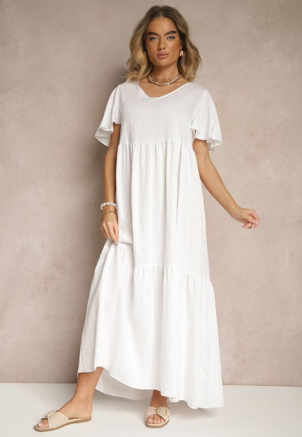 Renee - Biała Wiskozowa Sukienka Rozkloszowana Natonia. Okazja: na co dzień. Kolor: biały. Materiał: wiskoza. Styl: casual