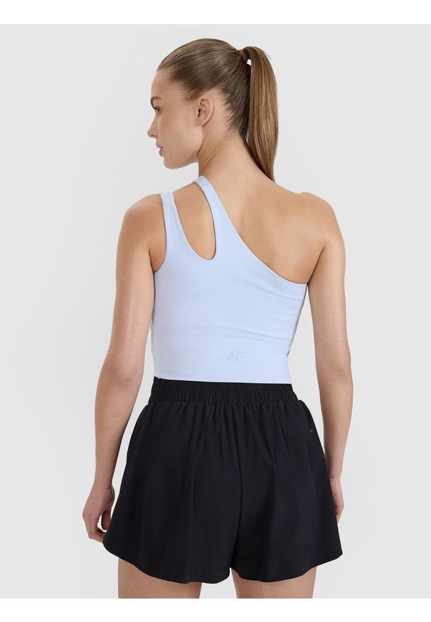 4f - 4F Crop top treningowy na jedno ramię 4F x Anna Lewandowska - niebieski M. Kolor: niebieski. Materiał: dzianina, guma, włókno, syntetyk, materiał, tkanina, elastan. Wzór: gładki, ze splotem. Sport: joga i pilates, fitness