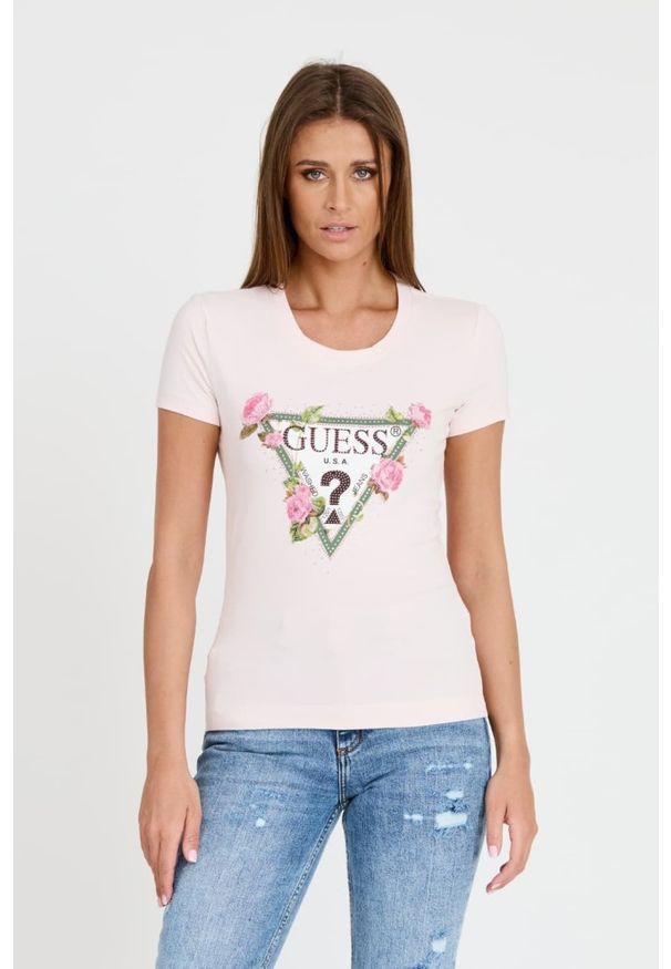 Guess - GUESS Różowy t-shirt Floral Triangle Tee. Kolor: różowy