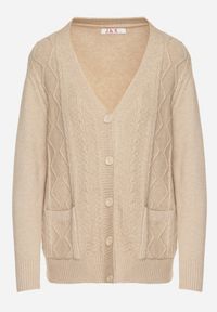 Born2be - Jasnobeżowy Kardigan z Bawełną Zdobiony Warkoczowym Splotem i Kieszeniami Mevesava. Okazja: na co dzień. Typ kołnierza: dekolt w serek. Kolor: beżowy. Materiał: bawełna. Wzór: ze splotem, aplikacja. Sezon: zima, jesień. Styl: casual, klasyczny #2