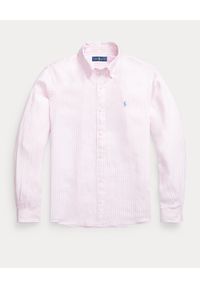 Ralph Lauren - RALPH LAUREN - Różowa koszula w paski Custom Slim Fit. Typ kołnierza: polo. Kolor: fioletowy, wielokolorowy, różowy. Materiał: tkanina, len. Wzór: paski #5