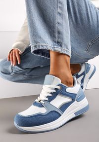 Renee - Niebiesko-Białe Sneakersy na Niskim Koturnie z Materiałowymi Wstawkami Aquamarine. Nosek buta: okrągły. Zapięcie: sznurówki. Kolor: niebieski. Materiał: materiał. Obcas: na koturnie. Wysokość obcasa: średni #1