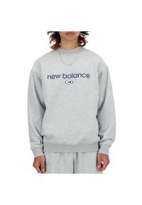 Bluza New Balance MT41597AGT - szara. Kolor: szary. Materiał: bawełna, poliester, prążkowany, materiał, dresówka. Wzór: napisy. Styl: klasyczny #1