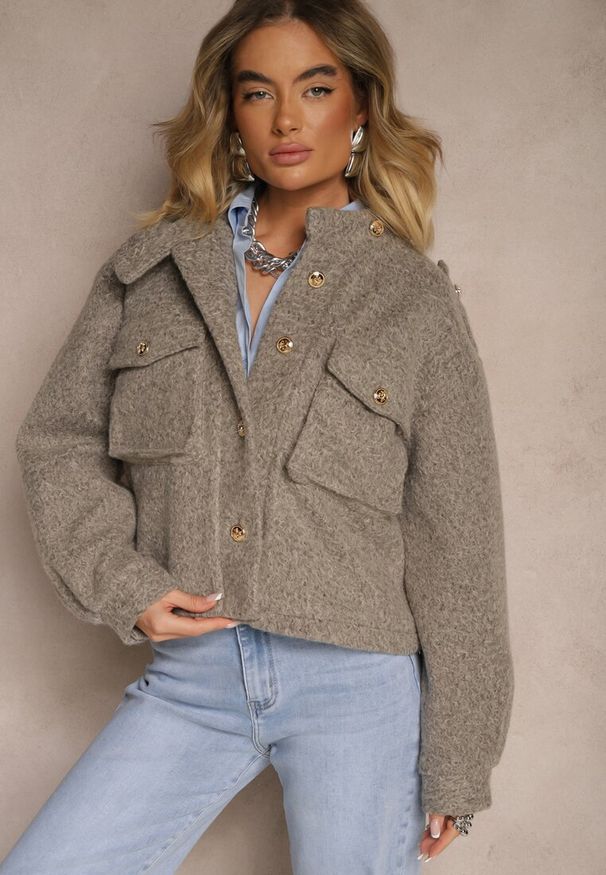 Renee - Brązowa Kurtka Utility z Kieszeniami z Klapami i Bufiastymi Rękawami Niraleen. Okazja: na co dzień. Kolor: brązowy. Materiał: jeans. Styl: casual