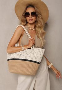 Renee - Beżowa Duża Torebka Tote z Plecionej Bawełny Fai. Kolor: beżowy. Rozmiar: duże. Styl: casual, boho, elegancki
