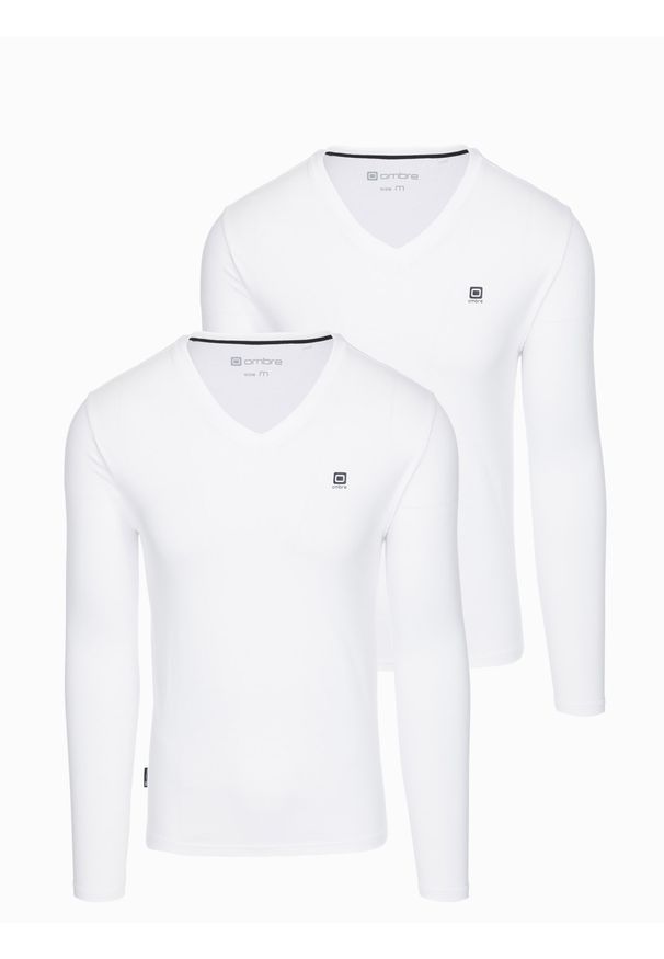Ombre Clothing - Zestaw męskich longsleeve'ów SLIM FIT z dekoltem typu V i logotypem 2-pak – biały V2. Okazja: na co dzień. Kolor: biały. Materiał: bawełna, elastan, materiał. Długość rękawa: długi rękaw. Wzór: gładki, jednolity. Styl: klasyczny, casual