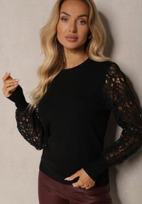 Renee - Czarny Sweter z Bawełną Ozdobiony Koronką na Rękawach Tifizelle. Okazja: na co dzień. Kolor: czarny. Materiał: bawełna, koronka. Długość rękawa: długi rękaw. Długość: długie. Wzór: aplikacja, koronka. Styl: elegancki, casual #5