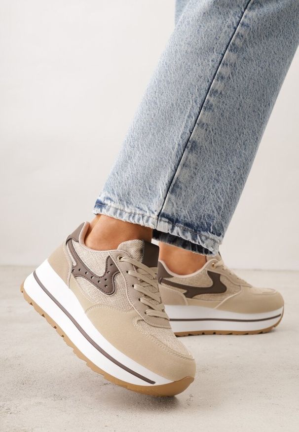 Born2be - Beżowe Sneakersy na Grubej Podeszwie z Perforacją i Tweedowymi Wstawkami Idaphyphe. Okazja: na co dzień. Kolor: beżowy. Materiał: jeans