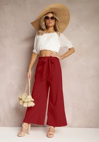 Renee - Bordowe Szerokie Spodnie z Materiałowym Paskiem w Typie Paper Bag Lasette. Kolor: czerwony. Materiał: materiał