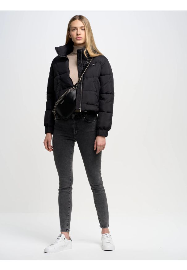 Big-Star - Sweter damski z golfem beżowy Charlinka 801. Okazja: na co dzień. Typ kołnierza: golf. Kolor: beżowy. Materiał: jeans, skóra. Wzór: aplikacja. Styl: klasyczny, casual, wizytowy