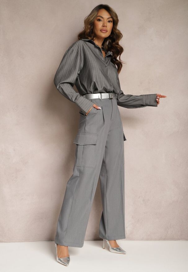 Renee - Ciemnoszare Szerokie Spodnie High Waist w Eleganckim Stylu z Kieszeniami Cargo Dekanna. Okazja: na spotkanie biznesowe, na co dzień. Stan: podwyższony. Kolor: szary. Długość: długie. Styl: elegancki
