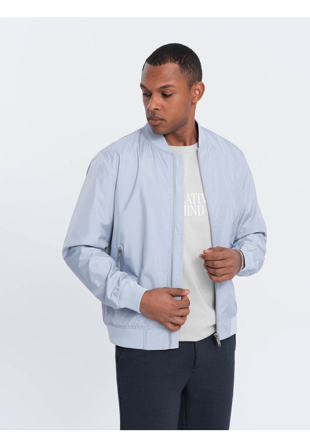 Ombre Clothing - Kurtka męska bomberka szwedka - stalowa V5 - Rozmiar: XXL. Okazja: na co dzień. Kolor: szary. Materiał: poliester, materiał, żakard. Wzór: gładki, jednolity. Styl: casual, klasyczny