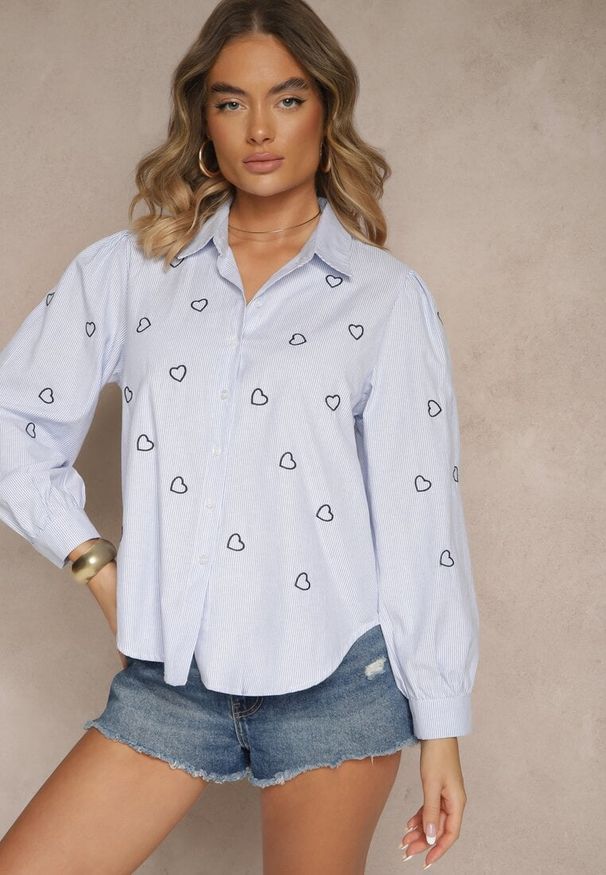 Renee - Niebiesko-Czarna Koszula z Bawełny Ozdobiona Haftem Dovelira. Okazja: na spotkanie biznesowe, na co dzień. Kolor: niebieski. Materiał: bawełna. Wzór: aplikacja, haft. Styl: elegancki, casual, klasyczny, biznesowy