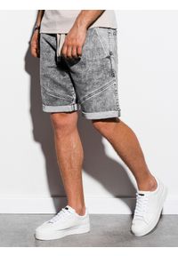 Ombre Clothing - Krótkie spodenki męskie jeansowe W219 - szare - XXL. Kolor: szary. Materiał: jeans. Długość: krótkie. Wzór: aplikacja