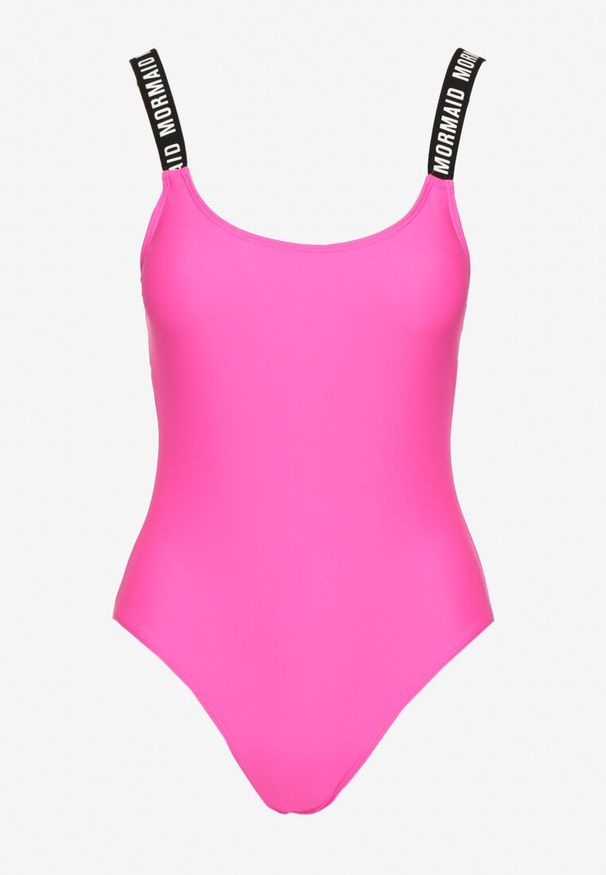 Renee - Fuksjowy Strój Kąpielowy z Usztywnianymi Miseczkami Ozdobiony Napisami Tenera. Kolor: różowy. Wzór: napisy, aplikacja