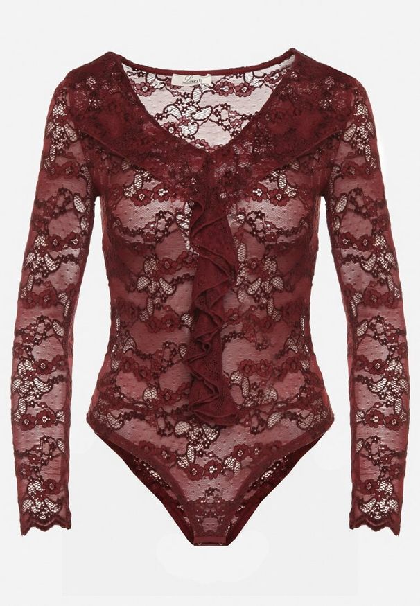 Born2be - Bordowe Koronkowe Body z Falbanką Vidane. Okazja: na co dzień. Kolor: czerwony. Materiał: koronka. Wzór: aplikacja. Styl: klasyczny, casual, elegancki
