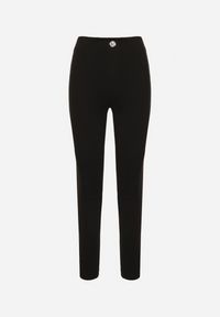Born2be - Czarne Legginsy z Wiskozą z Wysokim Stanem Zdobione Guzikiem z Cyrkoniami Nalette. Okazja: na co dzień. Stan: podwyższony. Kolor: czarny. Materiał: wiskoza. Wzór: aplikacja. Styl: elegancki, casual
