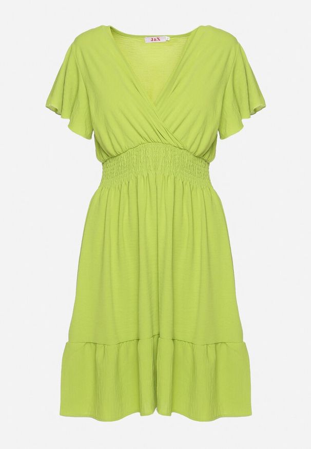 Born2be - Jasnozielona Sukienka Mini z Gumką w Pasie i Falbanką Senait. Kolor: zielony. Długość: mini