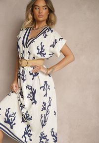 Renee - Niebiesko-Beżowa Pudełkowa Sukienka z Wiskozą i Lnem Sadeone. Okazja: na co dzień. Kolor: niebieski. Materiał: len, wiskoza. Styl: elegancki, casual