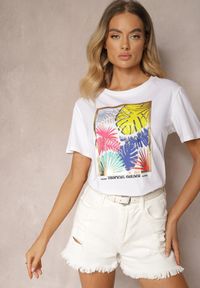 Renee - Biały Casualowy T-shirt z Bawełny Ozdobiony Tropikalnym Motywem Adrinea. Okazja: na co dzień. Kolor: biały. Materiał: bawełna. Wzór: aplikacja. Styl: casual #1